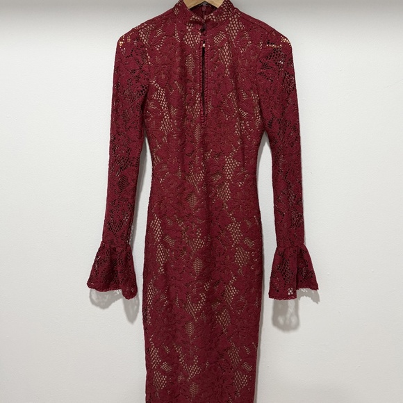 House of CB Burgundy Lace Midi Dress — Keyhole Cutout, Long Sleeve, Size Small - Picture 2 of 10